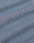 Carpenter Overalls in Railroad fabric detail close up. Red stitching.