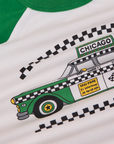 Taxi Raglan Tee in Chicago fabric detail close up. Green taxi cab graphic featured.