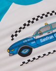 Taxi Raglan Tee in San Francisco close up of blue taxi graphic