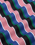 Work Pants in Pacific Stripe fabric detail close up. Stripes in red, green, black, white and blue.