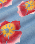 Wide Leg Denim Trousers in Painted Flowers. Light Wash Denim with red and yellow paintstamped flowers.