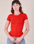 Alex is 5'8 and wearing P Baby Tee in Mustang Red