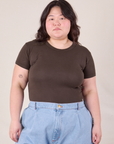 Ashley is 5'7" and wearing L Baby Tee in Espresso Brown