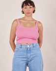 Tiara is wearing Cropped Cami in Bubblegum Pink and light wash Sailor Jeans