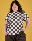Ashley is 5'7" and wearing L Checker Organic Tee in Espresso Brown