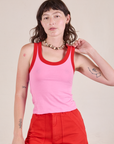 Alex is 5'8" and wearing P Colorblock Cropped Tank in Bubblegum Pink