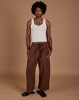 Drop Pocket Cargo Pants in Fudgesicle Brown and Tank Top in vintage tee white on Jerrod
