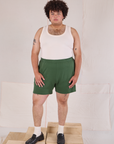 Easy Shorts in Dark Emerald Green and Tank Top in vintage tee off-white on Miguel