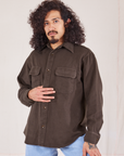 Jesse is 5'8" and wearing XS Flannel Overshirt in Espresso Brown