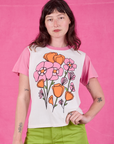 Alex is 5’8” and wearing P Anniversary Tee in Pink Poppy