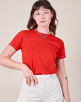 Alex is 5'8" and wearing P JV Tee in Mustang Red
