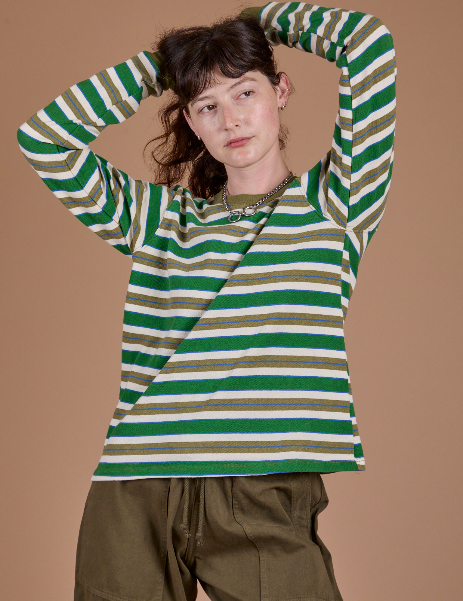 Long Sleeve Striped Burly Tee in Green on Alex