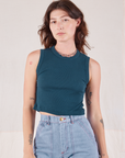 Alex is 5’8” and wearing P Muscle Tee in Lagoon