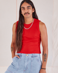 Anthony is wearing Muscle Tee in Mustang Red