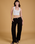 Baggy Mid-Rise Trousers in Basic Black and Cropped Tank in Vintage Tee White on Alex