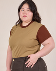 Angled front view of Mismatched Tee in Tan & Brown on Ashley