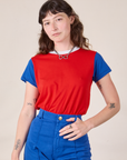 Alex is 5’8” and wearing P Mismatched Tee in Red & Blue