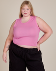 Juliet is 5'7" and wearing L Muscle Tee in Bubblegum Pink