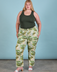 Juliet is wearing Work Pants in Ocean and Sky and swamp green Tank Top
