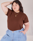 Ashley is 5'7" and wearing L Organic Vintage Tee in Fudgesicle Brown tucked into light wash Carpenter Jeans