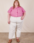 Catie is wearing Pantry Button-Up in Bubblegum Pink and vintage tee off-white Western Pants