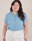 Ashley is 5'7" and wearing L Pantry Button-Up in Baby Blue