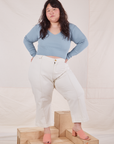 Ashley is wearing Long Sleeve V-Neck Tee in Periwinkle and vintage tee off-white Western Pants