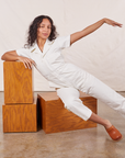 Blair is wearing Petite Short Sleeve Jumpsuit in vintage tee off-white