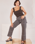 Tiara is wearing Railroad Carpenter Jeans in Vintage Tan and espresso brown Square Neck Tank