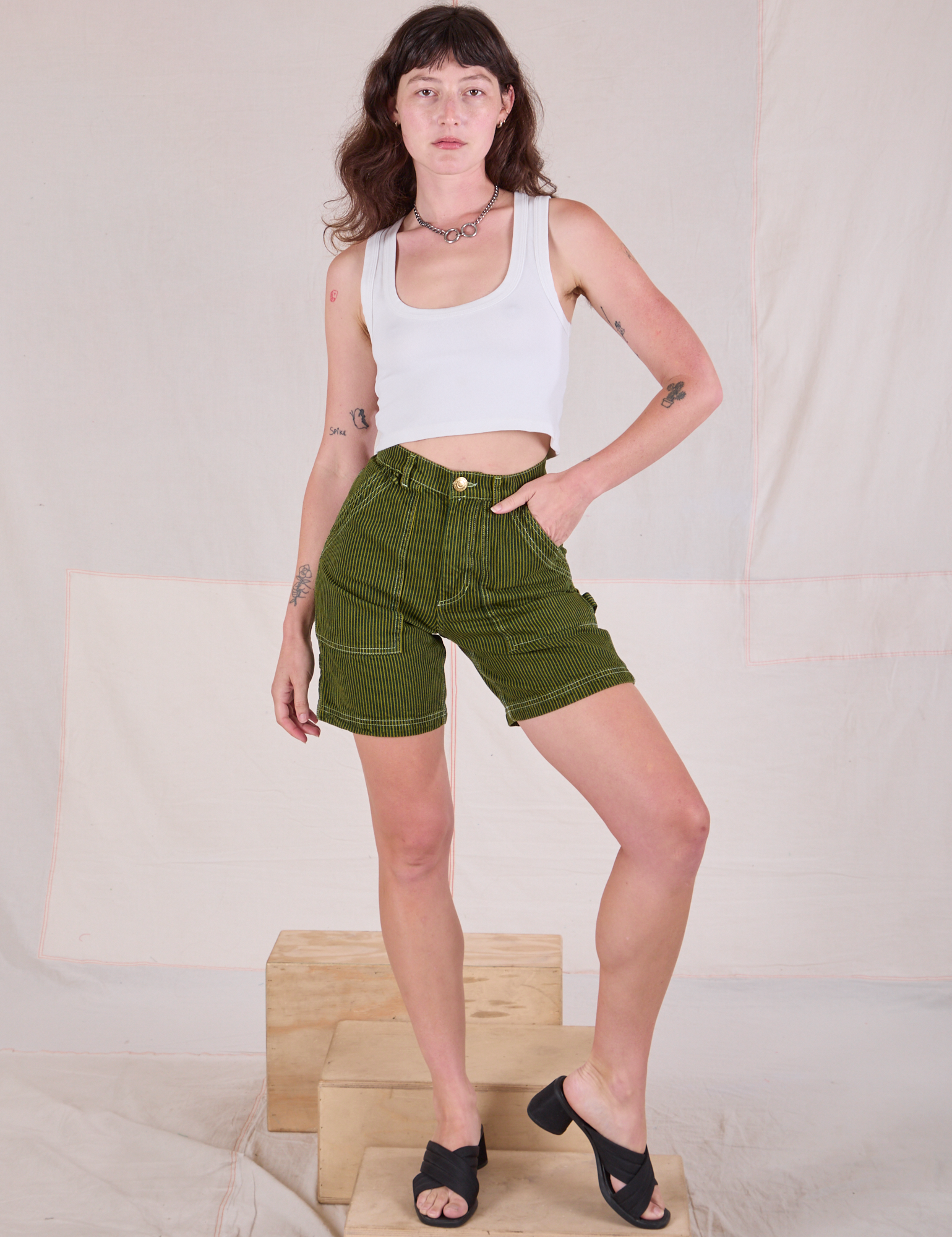 Railroad Carpenter Shorts in Summer Olive and Cropped Tank in Vintage Tee Off-White on Alex