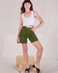 Railroad Carpenter Shorts in Summer Olive and Cropped Tank in Vintage Tee Off-White on Alex