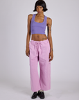 Kira is wearing Drop Pocket Cargo Pants in Lilac Purple and Cropped Tank in Faded Grape