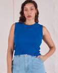 Tiara is 5'4" and wearing XS Muscle Tee in Royal Blue