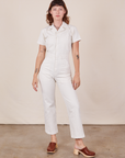 Alex is 5'8" and wearing XS Short Sleeve Jumpsuit in Vintage Tee Off-White