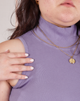 Front close up of Sleeveless Essential Turtleneck in Faded Grape on Ashley
