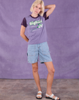 Madeline is wearing Vintage Tee in Grape Soda and light wash Carpenter Shorts