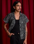 Spider Webs Pantry Button-Up on Anthony with black Cropped tank underneath