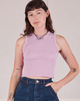 Alex is 5'8" and wearing P Muscle Tee in Lilac