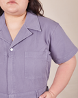 Front close up of Short Sleeve Jumpsuit in Faded Grape worn by Ashley