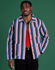 Isaac is wearing Stripe Work Jacket in Pacific Stripe