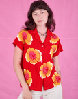 Alex is 5'8" and wearing P Paintstamped Pantry Button-Up in Mustang Red