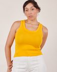 Tiara is 5’4” and wearing XS Tank Top in Sunshine Yellow