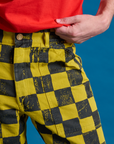 Checkerboard Work Pants in Yellow/Black front close up on Quinn