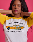 Taxi Raglan Tee in Toronto front close up on Kandia
