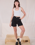 Trouser Shorts in Basic Black and Cropped Tank in vintage tee off-white on Alex