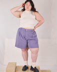 Trouser Shorts in Faded Grape and Sleeveless Turtleneck in vintage tee off-white on Ashley