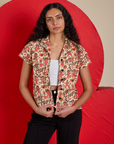 Shahana is 5’10 and wearing XS Hot Stuff Print Pantry Button-Up