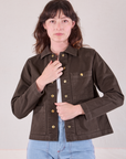 Alex is 5'8" and wearing P Denim Work Jacket in Espresso Brown