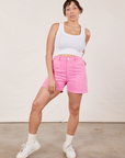 Tiara is wearing Classic Work Shorts in Bubblegum Pink and Cropped Tank Top vintage tee off-white