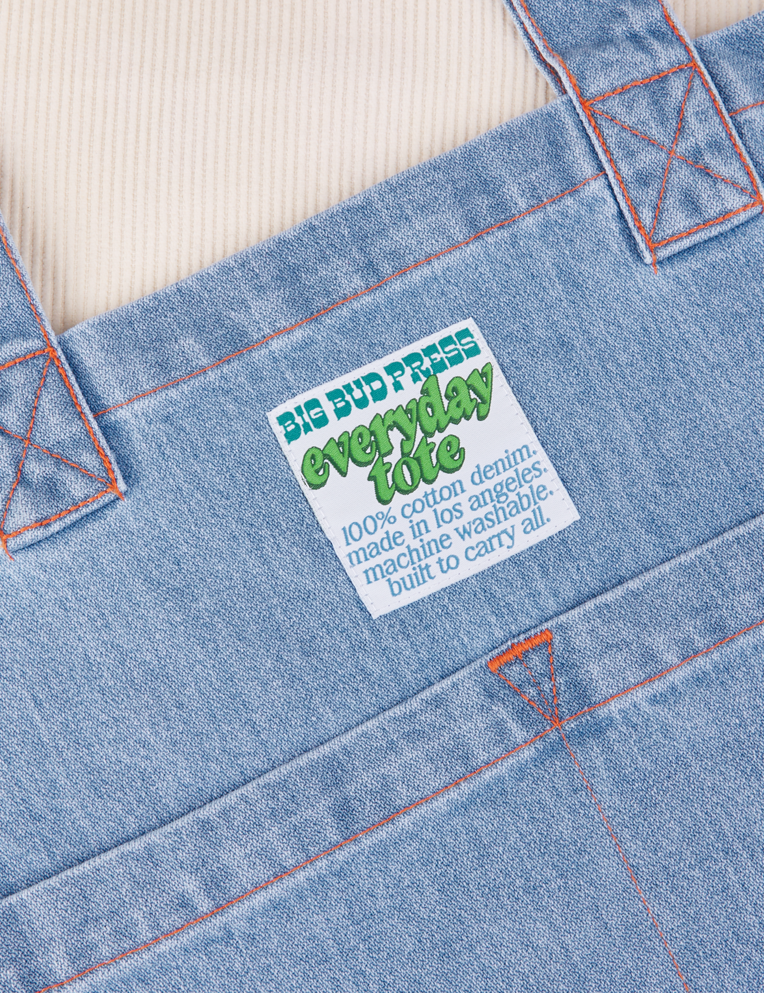 Close up of Denim Everyday Tote Bag in light wash